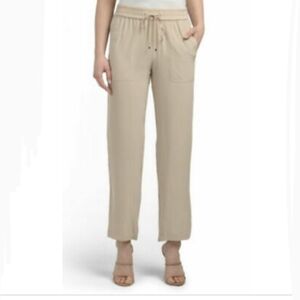 Theory Pants 100% Silk High Waist Drawstring Pull On Pockets Light Tan L NWT